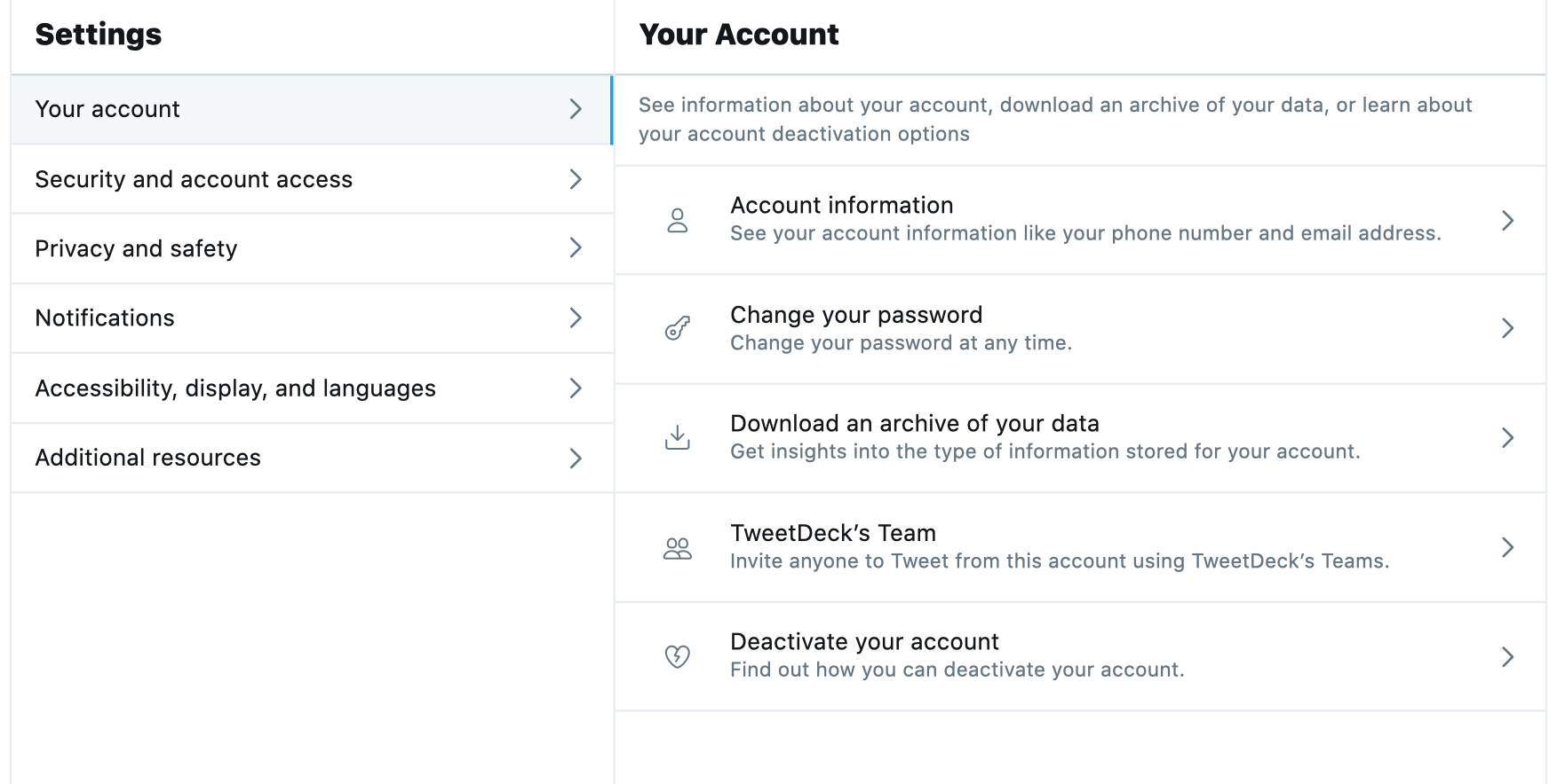 Twitter Settings Menu